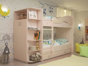 Кровать 2-х ярусная Мая с ящиками и шкафом на латофлексах млечный дуб в Салехарде - salekhard.magazinmebel.ru | фото