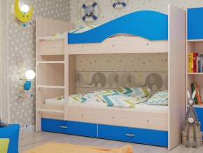 Кровать 2-х ярусная Мая с ящиками на латофлексах млечный дуб/синий в Салехарде - salekhard.magazinmebel.ru | фото