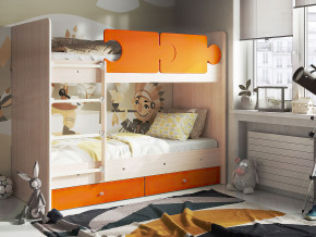 Кровать двухъярусная Тетрис латы с бортиками дуб млечный-оранжевый в Салехарде - salekhard.magazinmebel.ru | фото